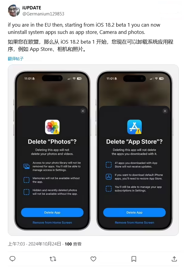 湘东苹果手机维修分享iOS 18.2 支持删除 App Store 应用商店 